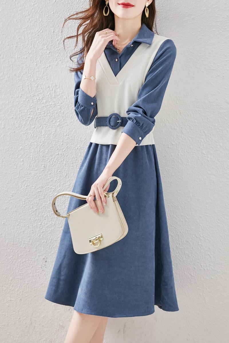 Spring Contrast V-Neck Layered Shirt Dress with Belt