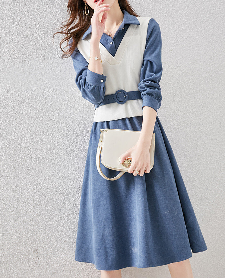 Spring Contrast V-Neck Layered Shirt Dress with Belt