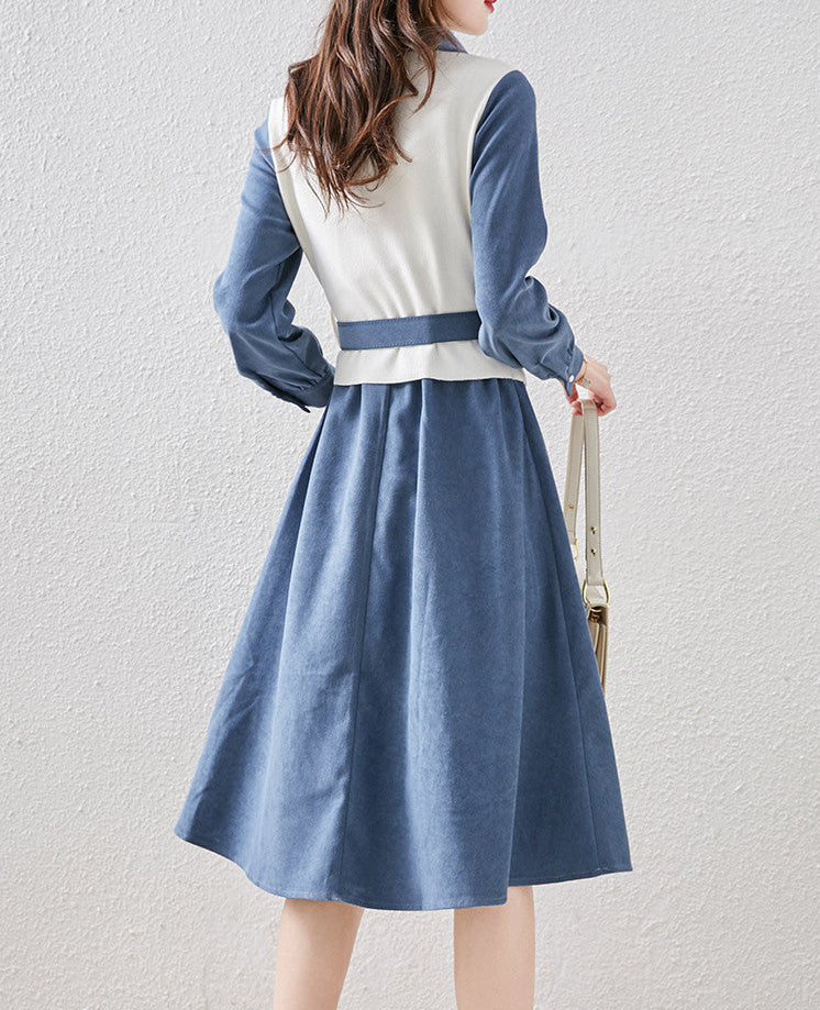 Spring Contrast V-Neck Layered Shirt Dress with Belt