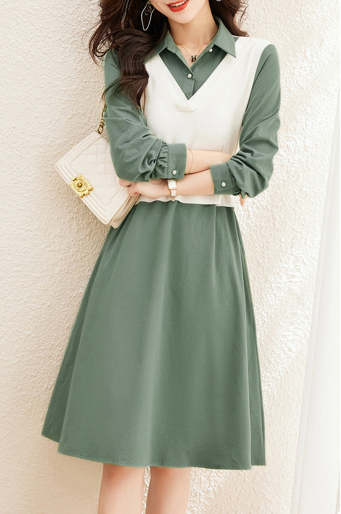 Spring Contrast V-Neck Layered Shirt Dress with Belt
