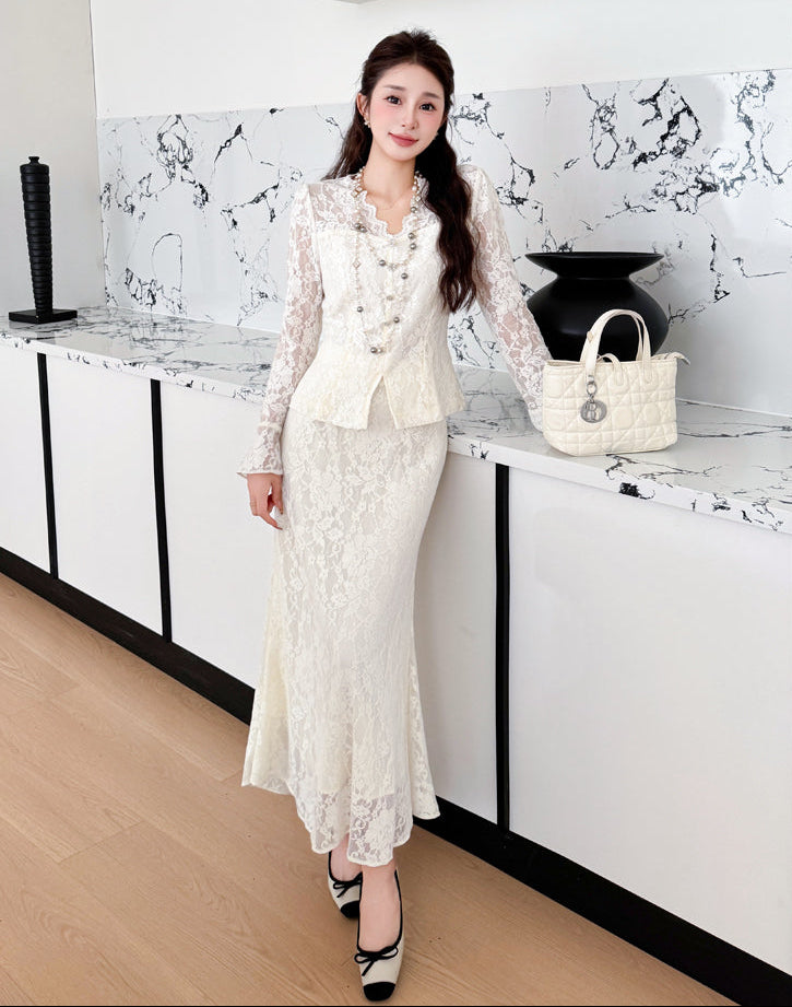 Spring Lace V-neck Elegant Rhinestone French Style With  Fishtail Skirt- Two-Piece Set