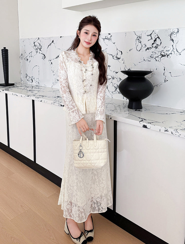 Spring Lace V-neck Elegant Rhinestone French Style With  Fishtail Skirt- Two-Piece Set