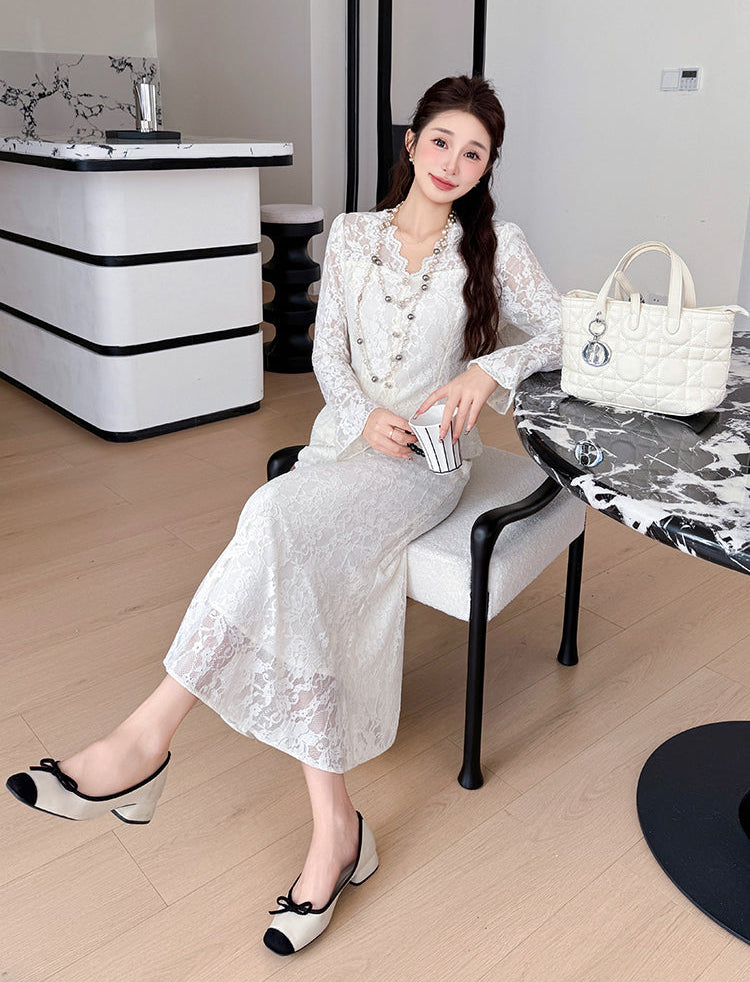 Spring Lace V-neck Elegant Rhinestone French Style With  Fishtail Skirt- Two-Piece Set