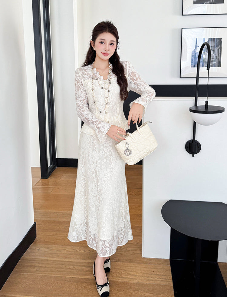 Spring Lace V-neck Elegant Rhinestone French Style With  Fishtail Skirt- Two-Piece Set