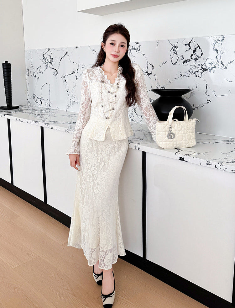 Spring Lace V-neck Elegant Rhinestone French Style With  Fishtail Skirt- Two-Piece Set
