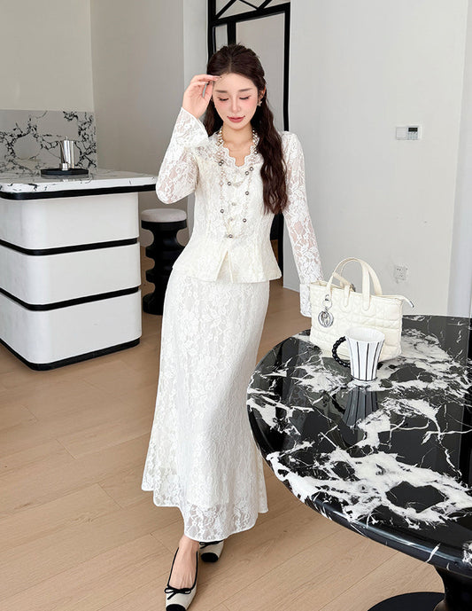 Spring Lace V-neck Elegant Rhinestone French Style With  Fishtail Skirt- Two-Piece Set