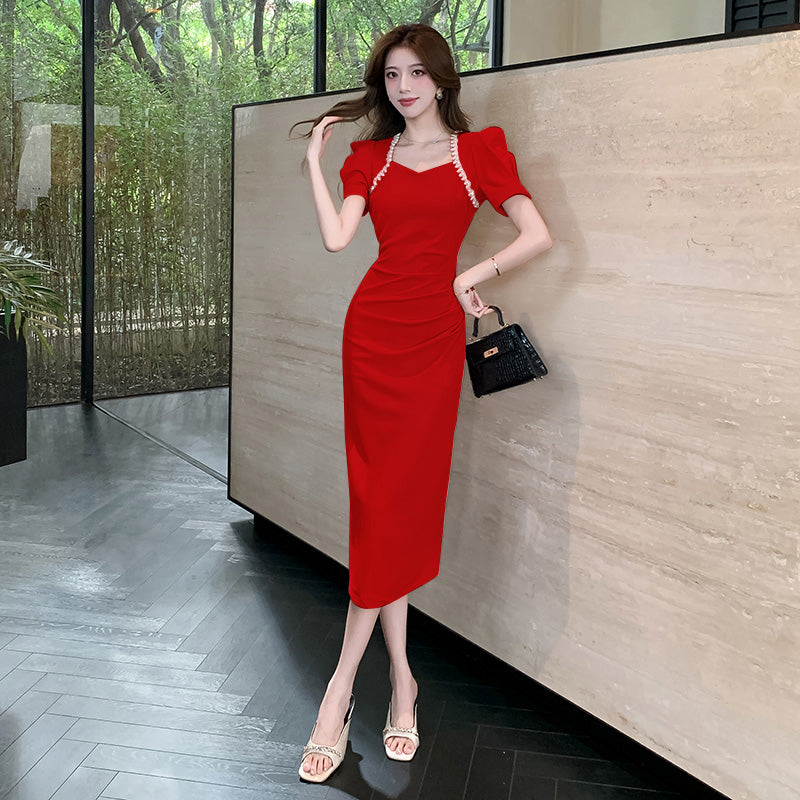 Sweetheart Puff-Sleeve Bodycon Midi with Pearl Accents