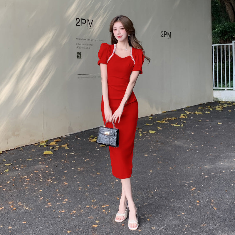 Sweetheart Puff-Sleeve Bodycon Midi with Pearl Accents