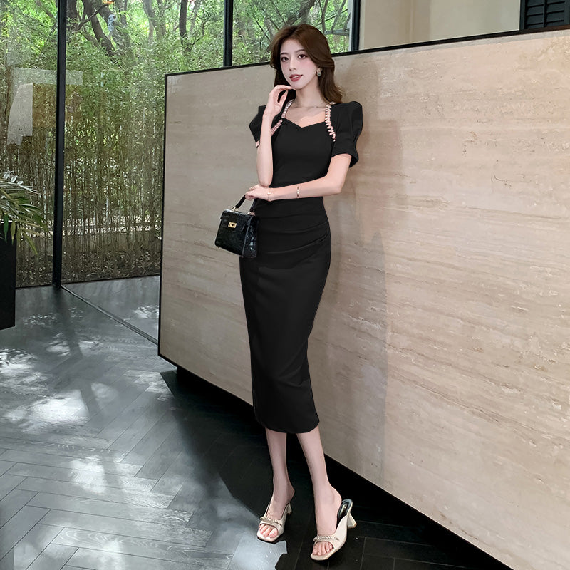 Sweetheart Puff-Sleeve Bodycon Midi with Pearl Accents
