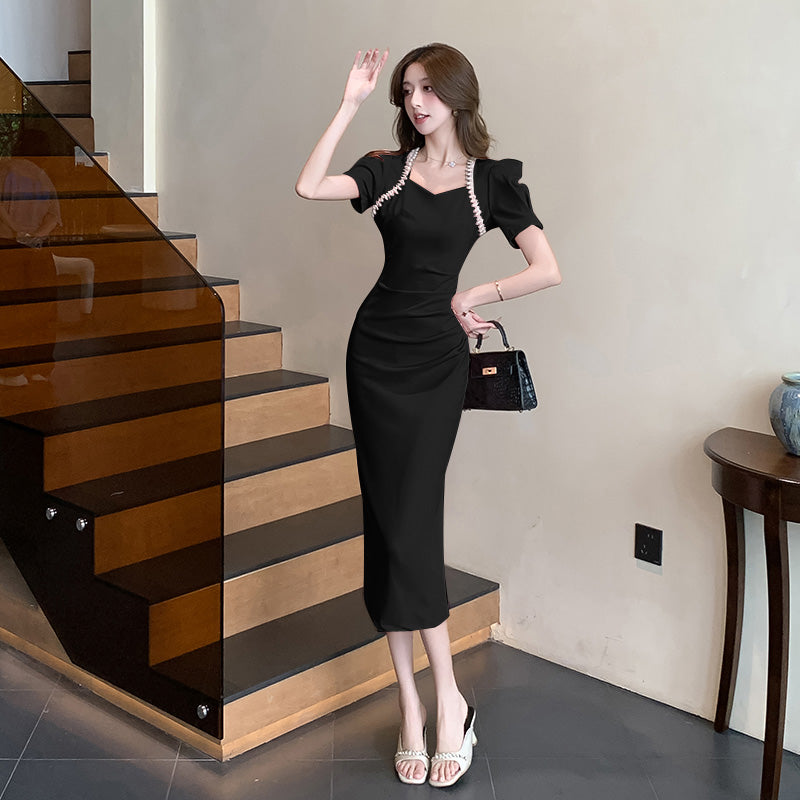 Sweetheart Puff-Sleeve Bodycon Midi with Pearl Accents