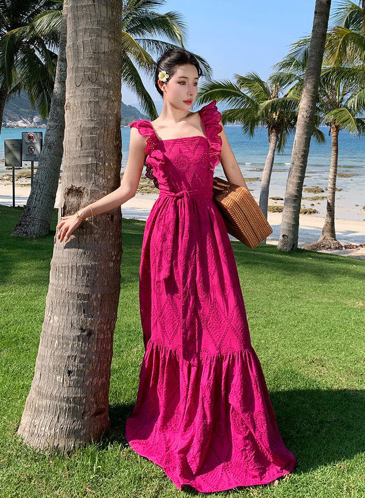 Square Neck Fuchsia Cotton Dress With Tiers