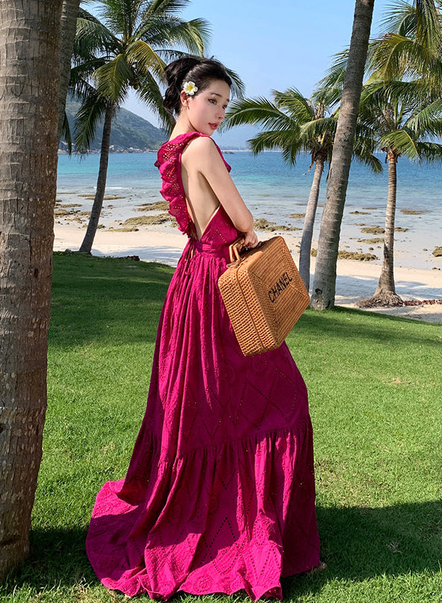 Square Neck Fuchsia Cotton Dress With Tiers