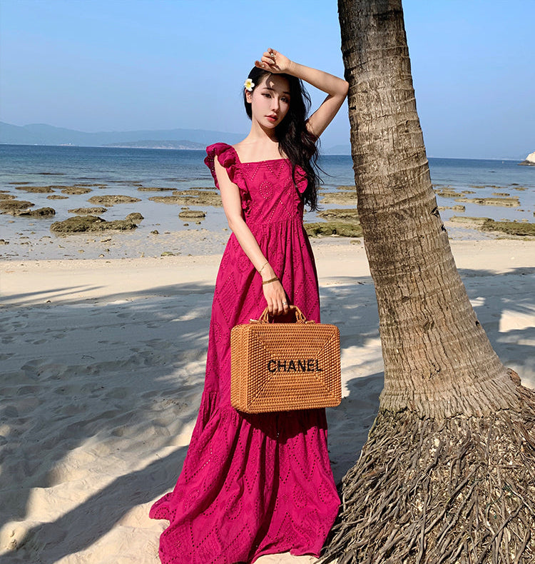 Square Neck Fuchsia Cotton Dress With Tiers