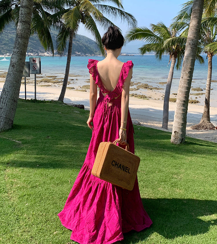 Square Neck Fuchsia Cotton Dress With Tiers