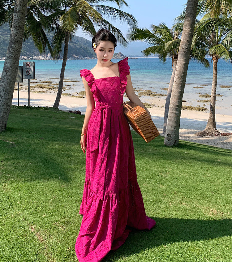 Square Neck Fuchsia Cotton Dress With Tiers