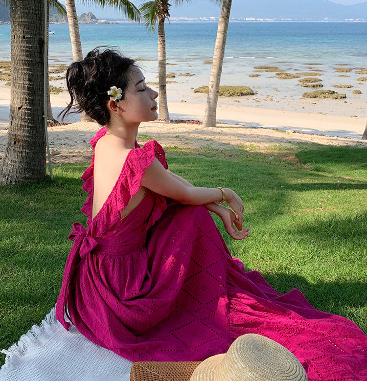 Square Neck Fuchsia Cotton Dress With Tiers
