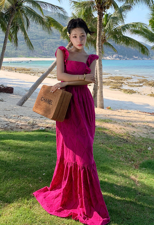Square Neck Fuchsia Cotton Dress With Tiers