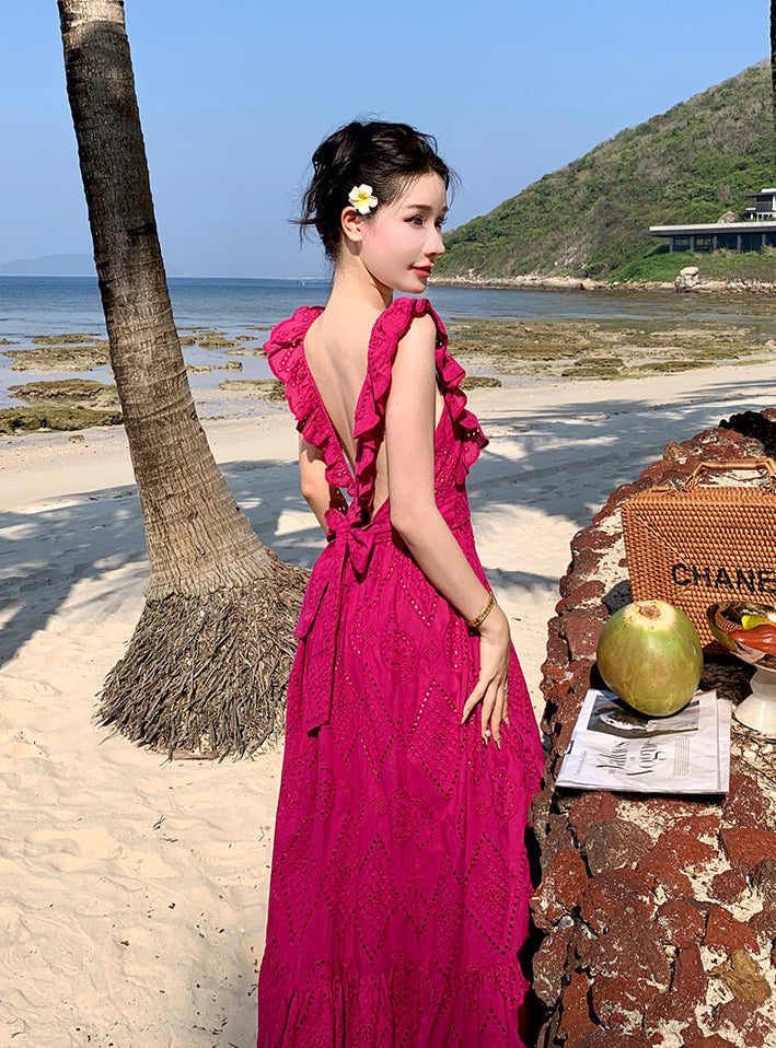 Square Neck Fuchsia Cotton Dress With Tiers