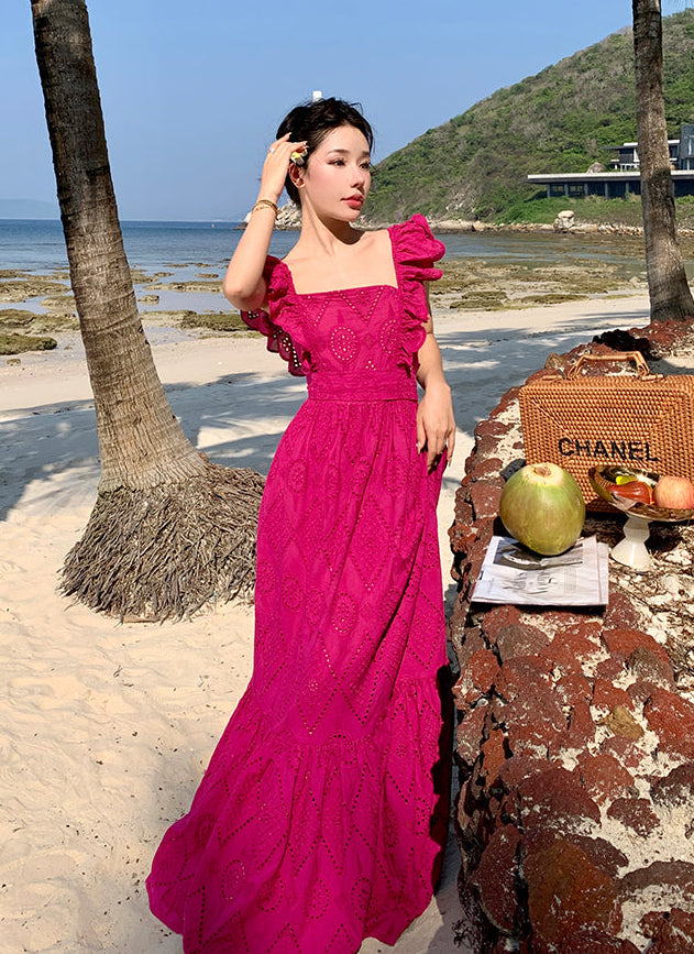 Square Neck Fuchsia Cotton Dress With Tiers