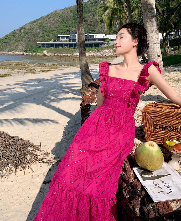 Square Neck Fuchsia Cotton Dress With Tiers