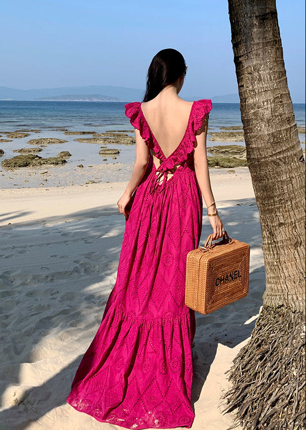 Square Neck Fuchsia Cotton Dress With Tiers