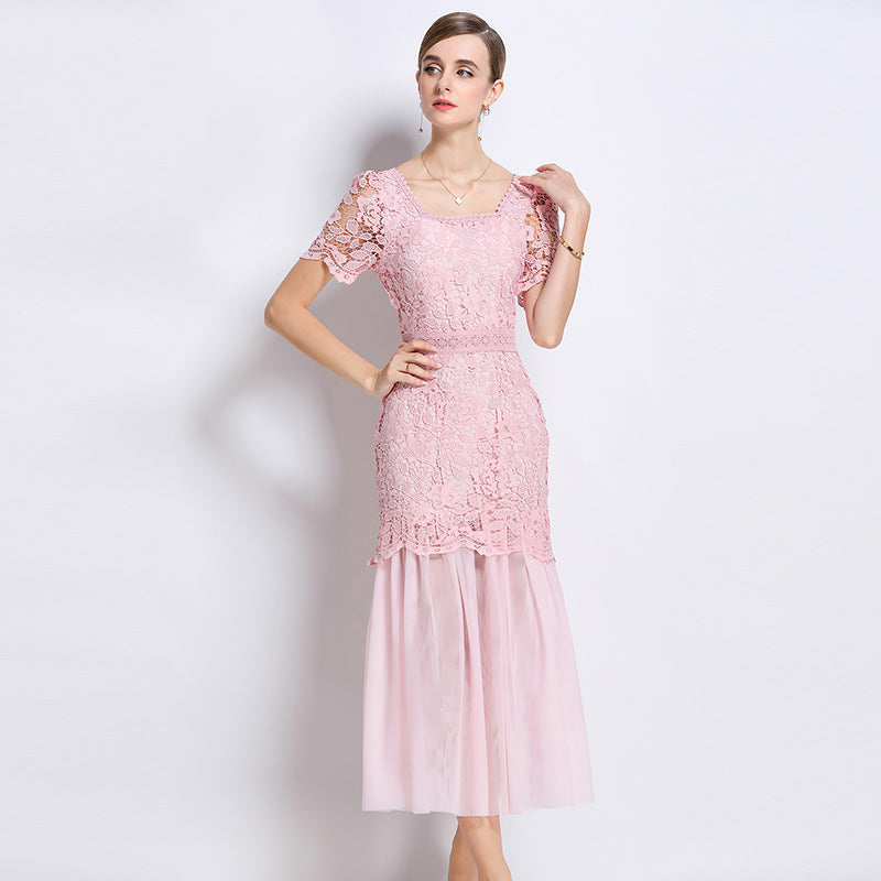 Floral Lace Short Sleeve Midi Dress With Tulle Hem