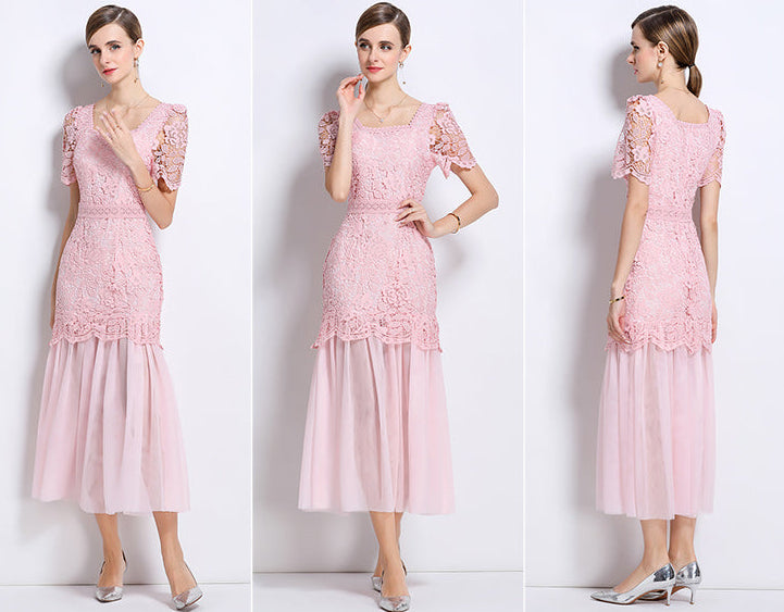 Floral Lace Short Sleeve Midi Dress With Tulle Hem
