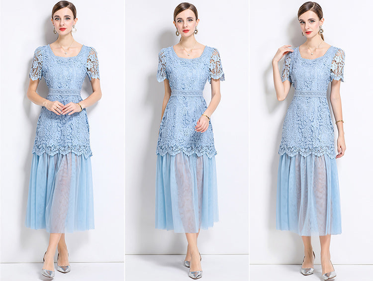 Floral Lace Short Sleeve Midi Dress With Tulle Hem