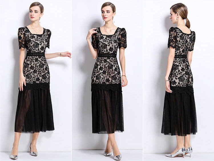 Floral Lace Short Sleeve Midi Dress With Tulle Hem