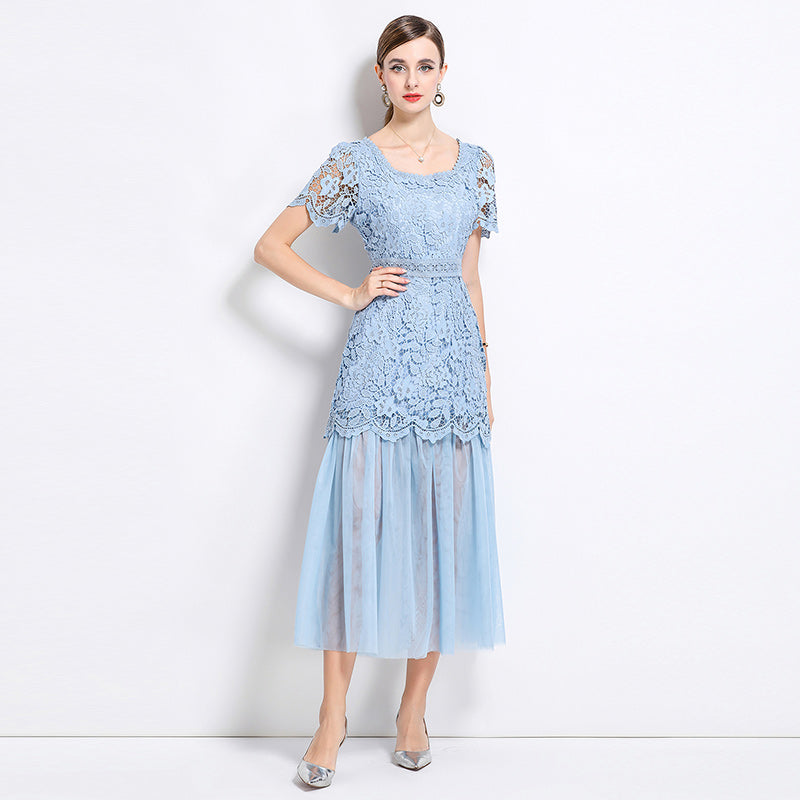 Floral Lace Short Sleeve Midi Dress With Tulle Hem