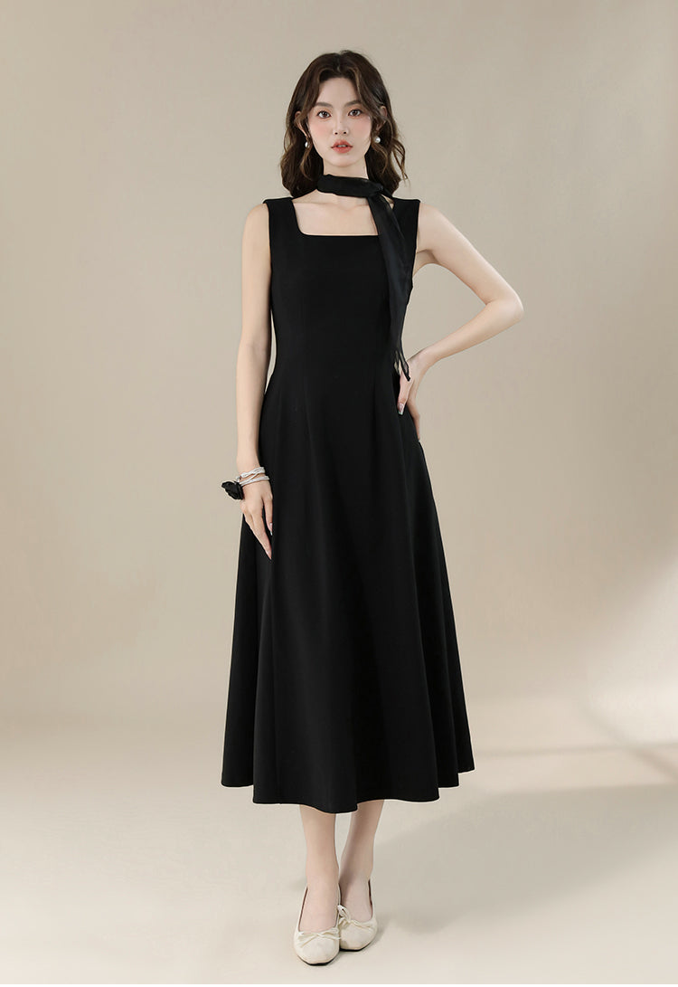Elegant Black Square-Neck Midi Dress With Detachable Scarf-Sleeveless A-Line Dress