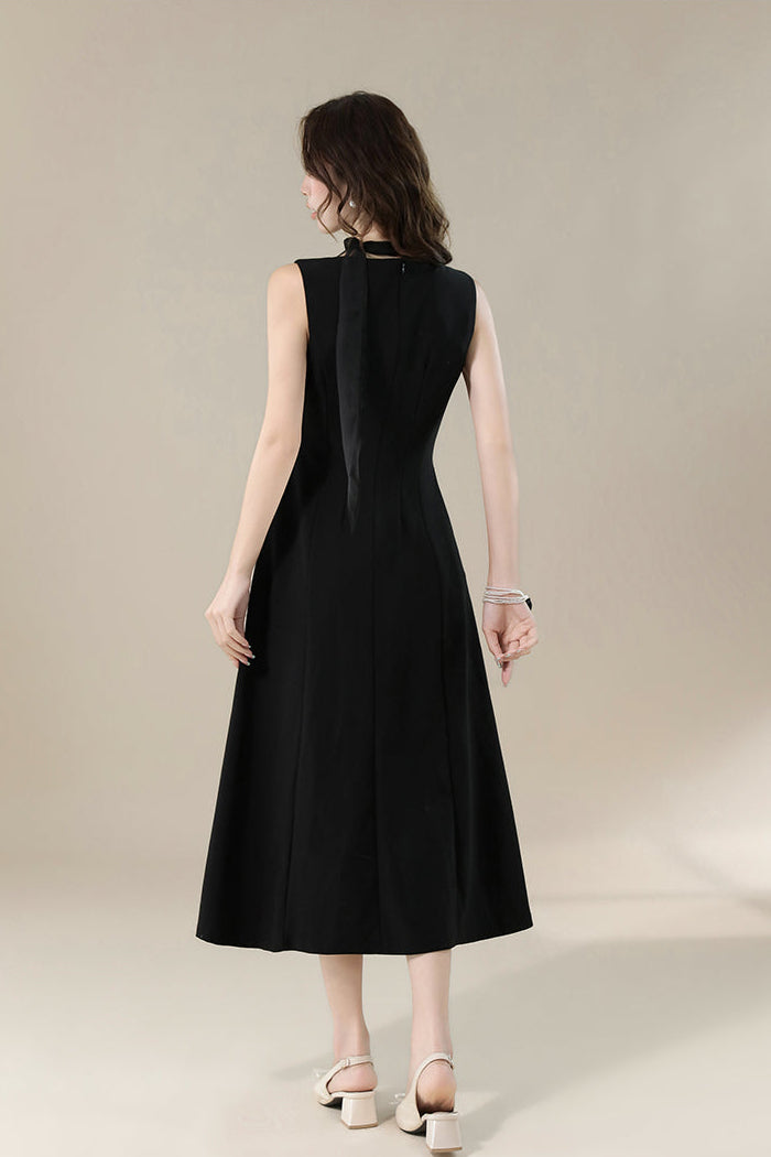 Elegant Black Square-Neck Midi Dress With Detachable Scarf-Sleeveless A-Line Dress