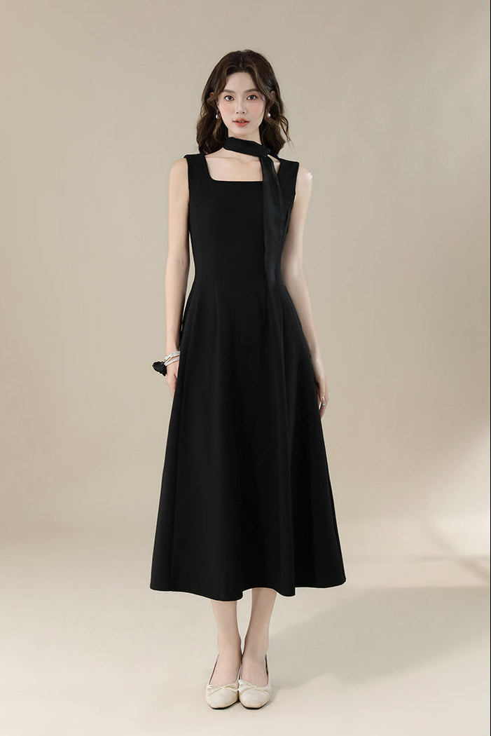 Elegant Black Square-Neck Midi Dress With Detachable Scarf-Sleeveless A-Line Dress