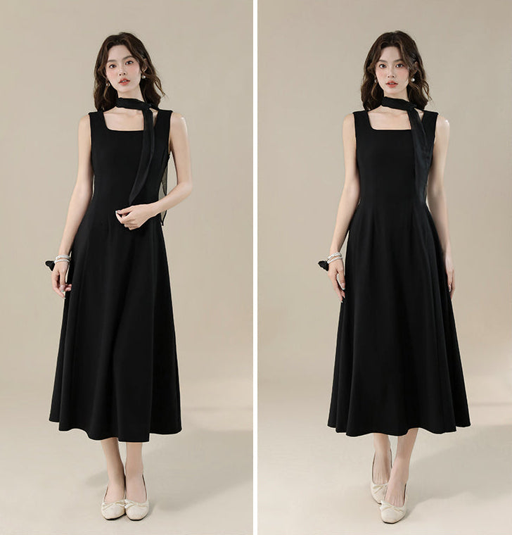 Elegant Black Square-Neck Midi Dress With Detachable Scarf-Sleeveless A-Line Dress