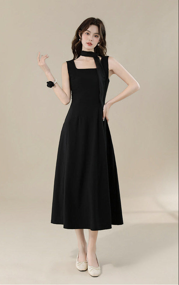 Elegant Black Square-Neck Midi Dress With Detachable Scarf-Sleeveless A-Line Dress