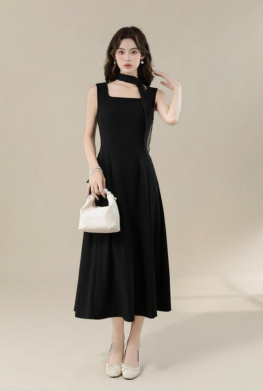 Elegant Black Square-Neck Midi Dress With Detachable Scarf-Sleeveless A-Line Dress