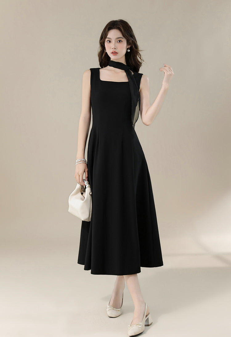 Elegant Black Square-Neck Midi Dress With Detachable Scarf-Sleeveless A-Line Dress