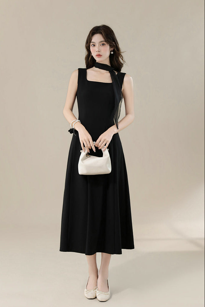 Elegant Black Square-Neck Midi Dress With Detachable Scarf-Sleeveless A-Line Dress