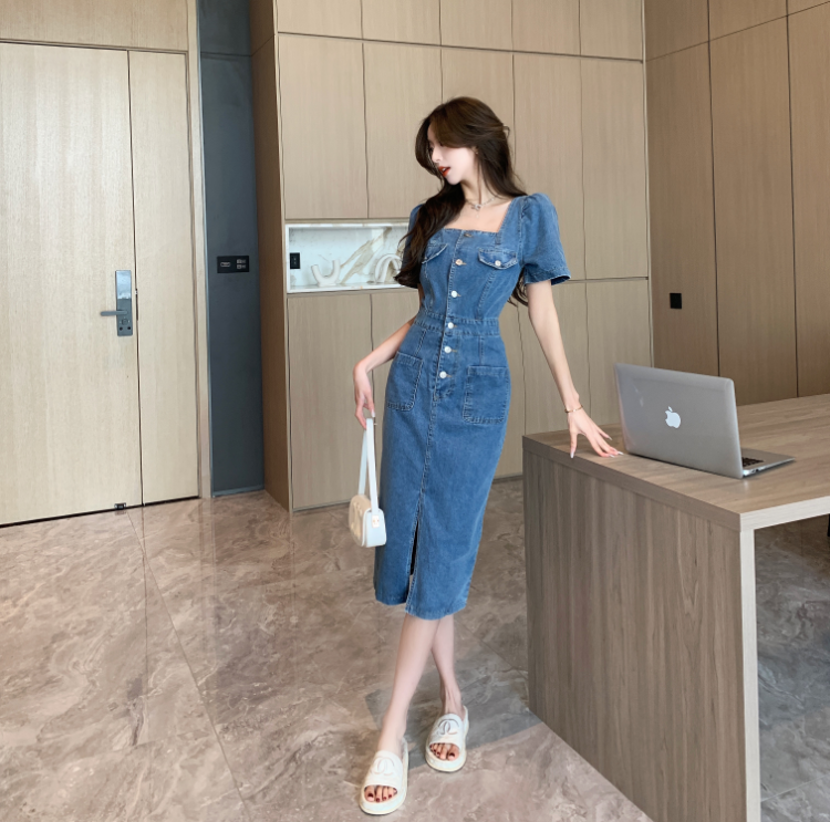 Square Neck Puff Sleeve Denim Midi Dress