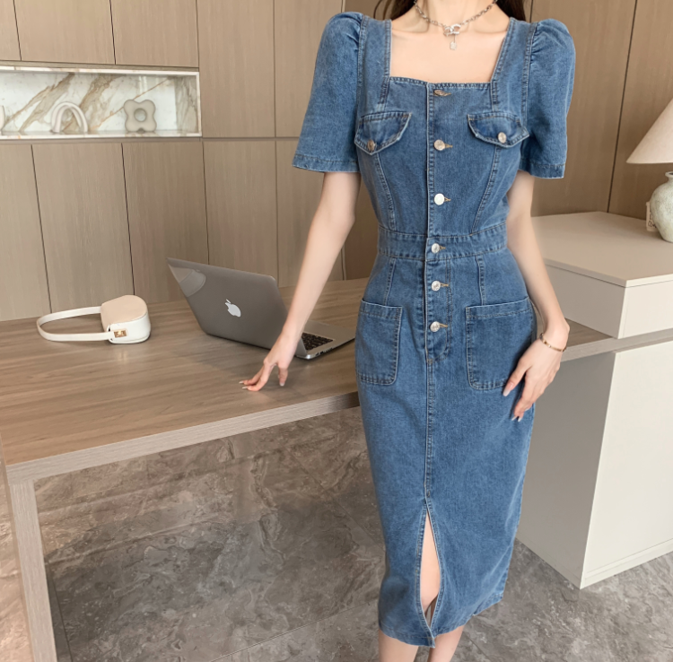 Square Neck Puff Sleeve Denim Midi Dress
