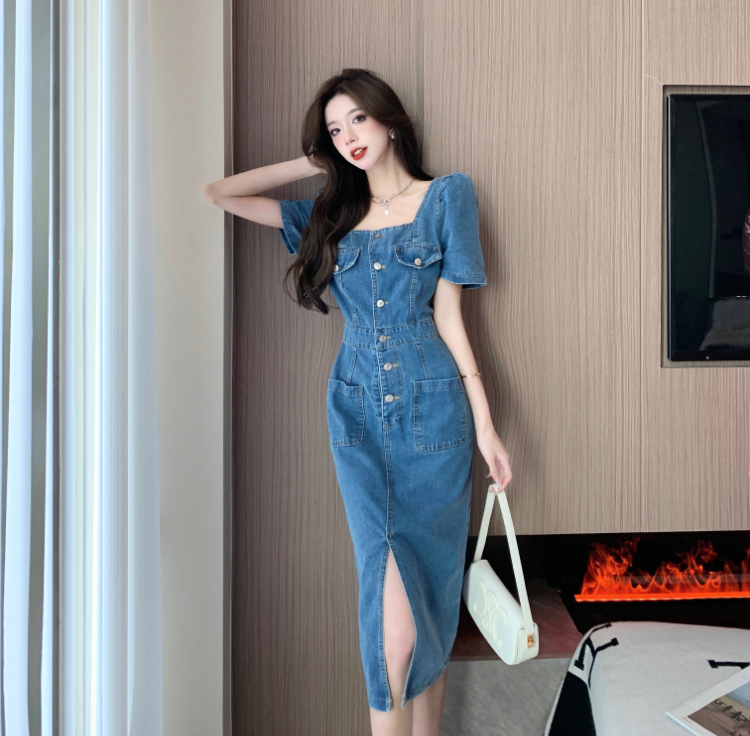 Square Neck Puff Sleeve Denim Midi Dress