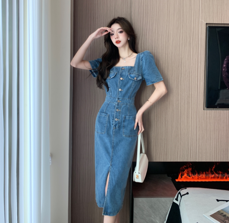 Square Neck Puff Sleeve Denim Midi Dress