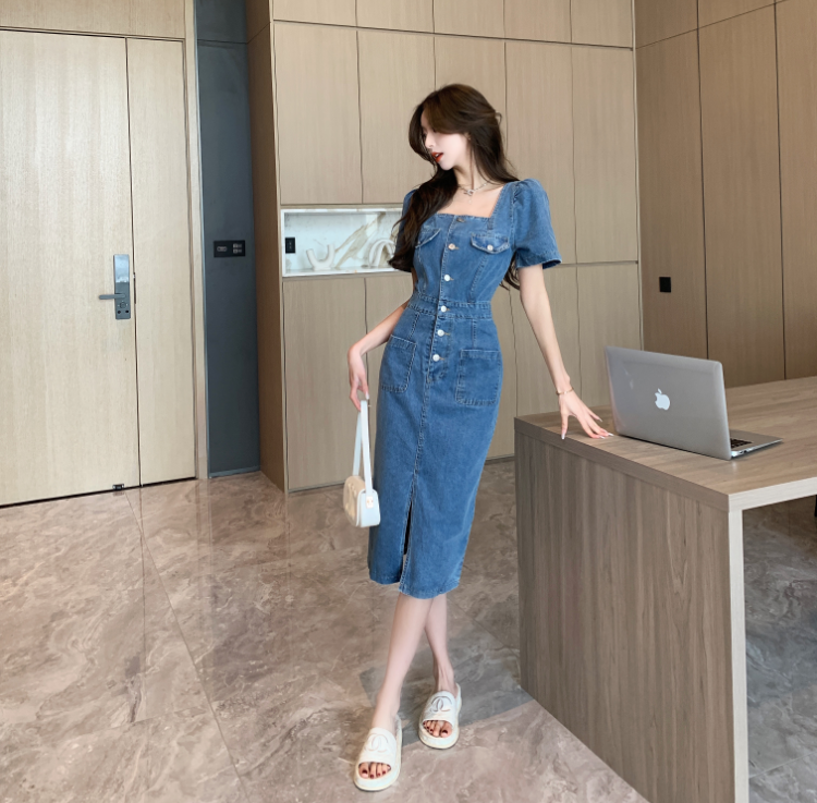 Square Neck Puff Sleeve Denim Midi Dress