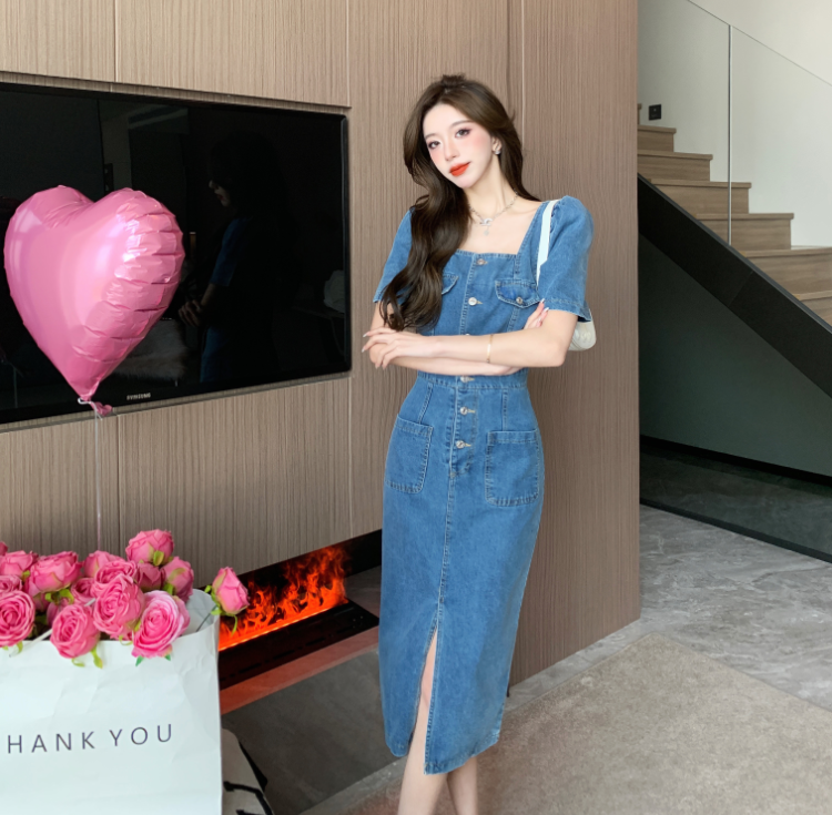 Square Neck Puff Sleeve Denim Midi Dress