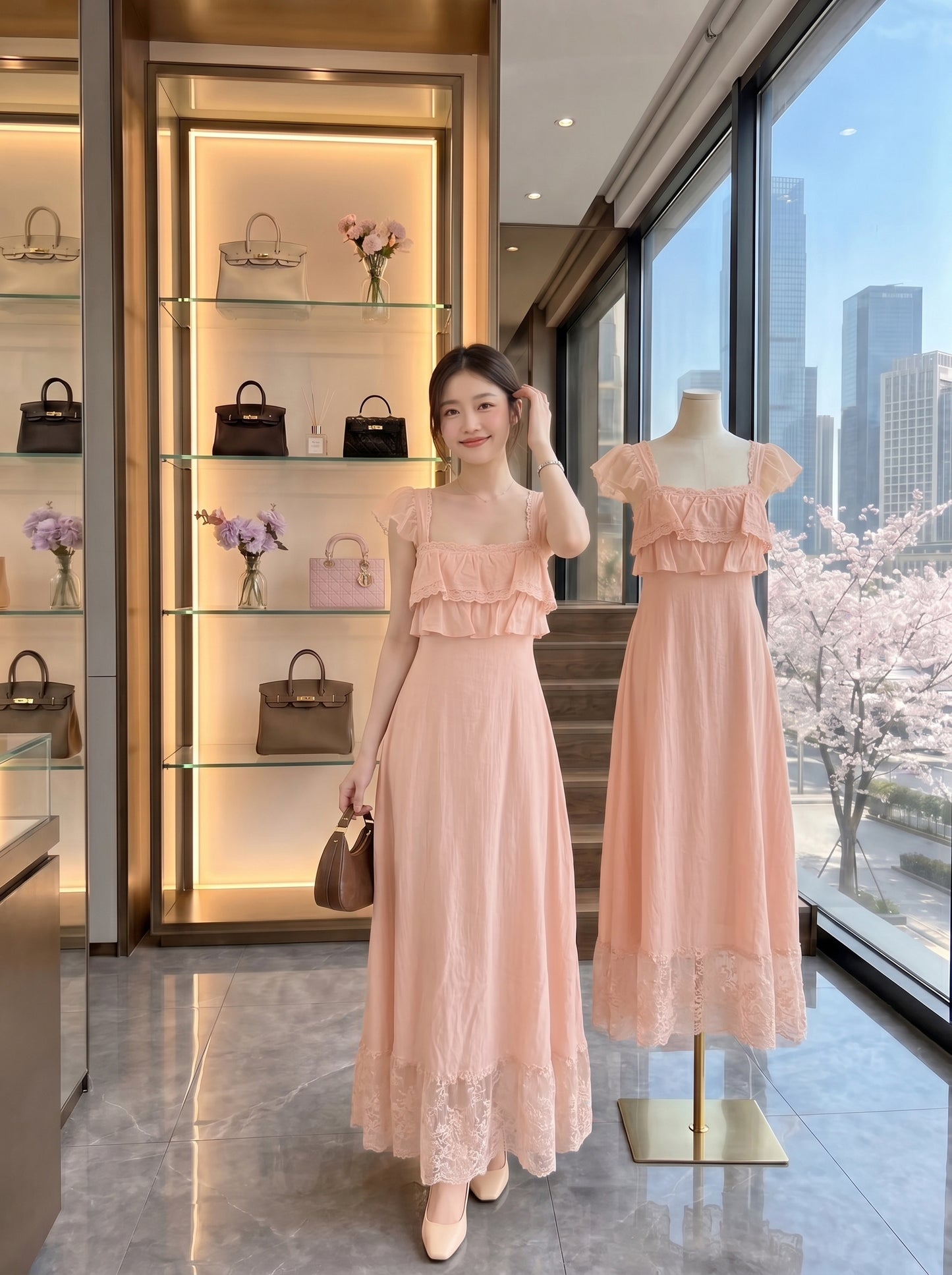 Square Neck Ruffle Maxi Dress with Lace Hem (Peach / White)