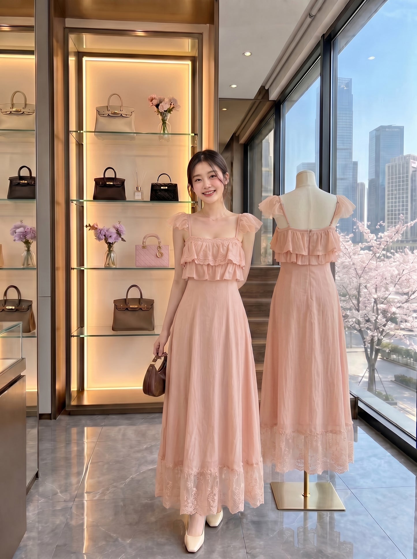 Square Neck Ruffle Maxi Dress with Lace Hem (Peach / White)