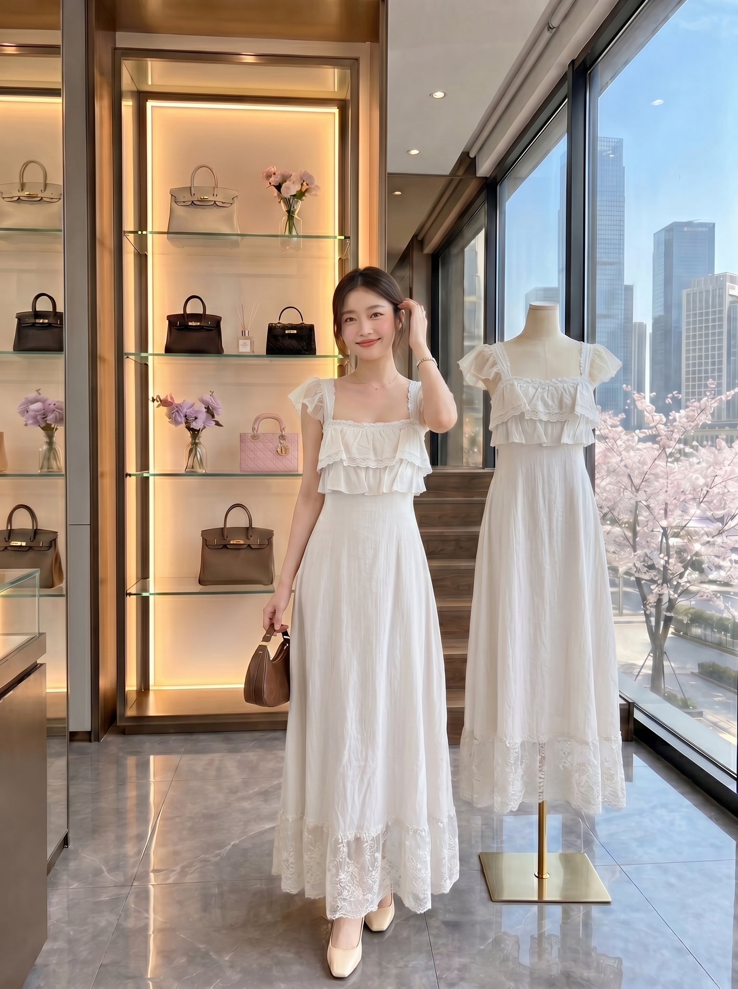 Square Neck Ruffle Maxi Dress with Lace Hem (Peach / White)