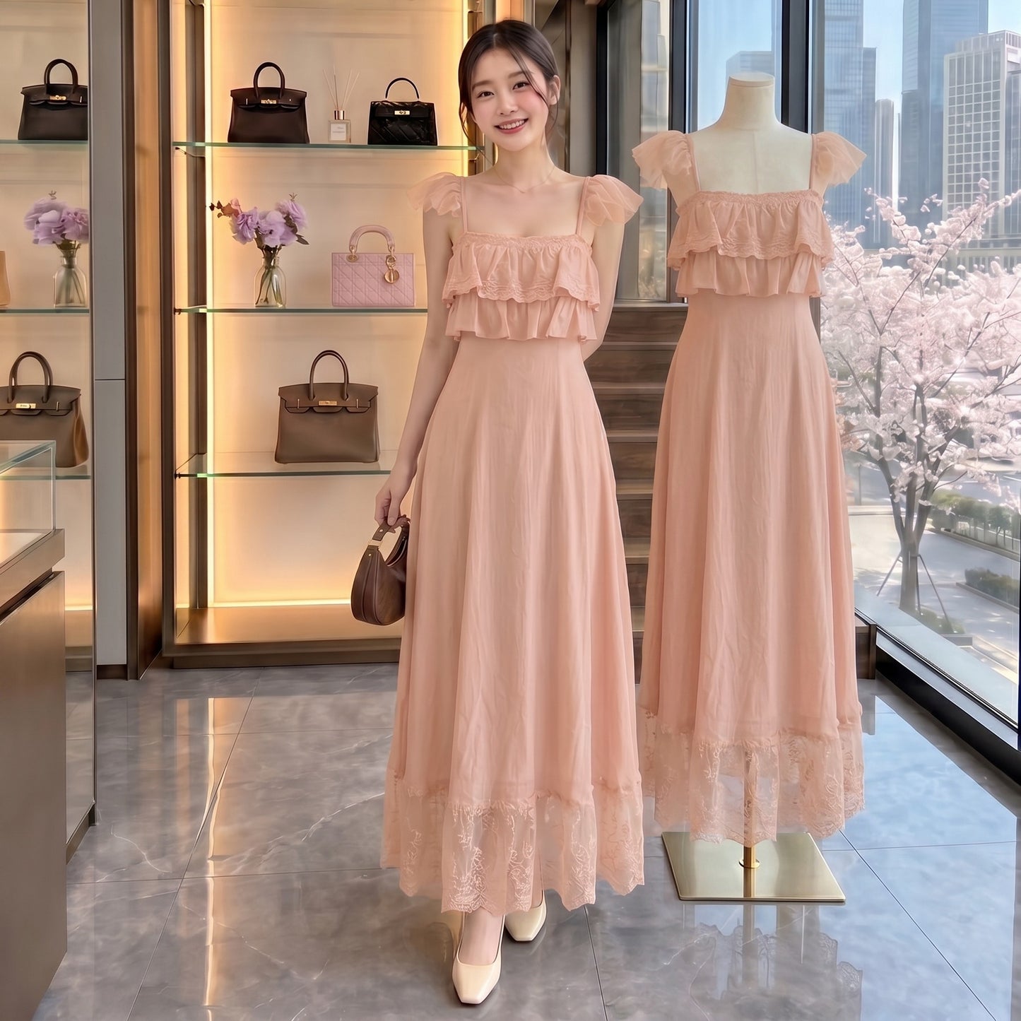 Square Neck Ruffle Maxi Dress with Lace Hem (Peach / White)