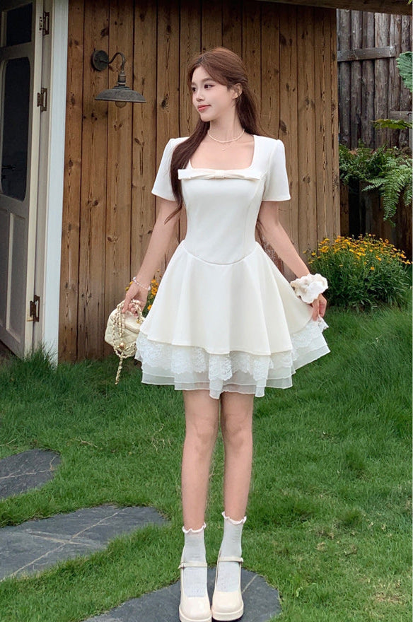 Plus Size Square Neck Tiered Skater Mini Dress with Puff Sleeves & Mesh Trim