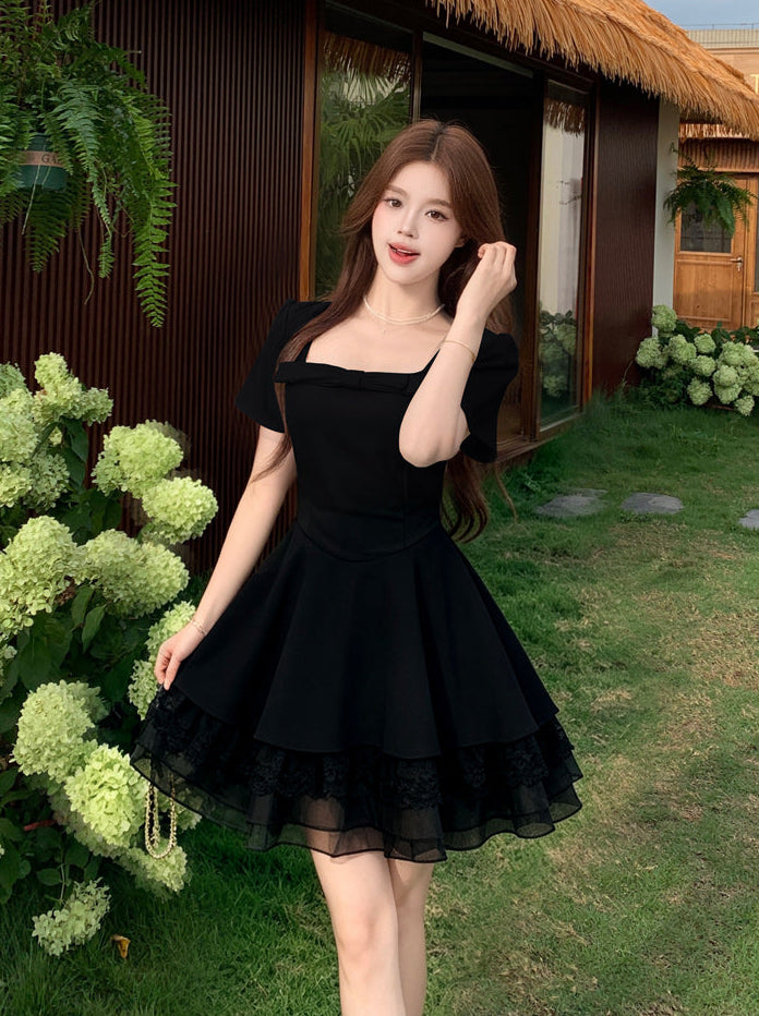 Plus Size Square Neck Tiered Skater Mini Dress with Puff Sleeves & Mesh Trim